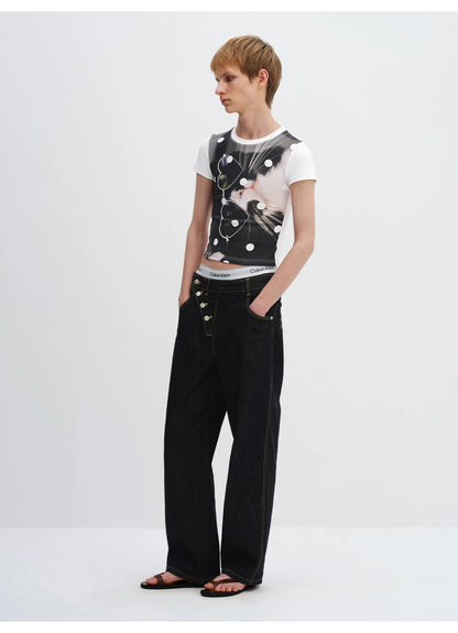 Playful Cat Polka Dot Cropped T-Shirt