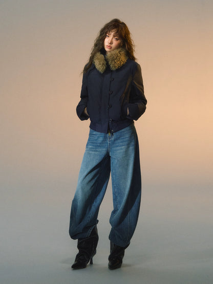 Detachable Fur-Collar Fitted Down Jacket