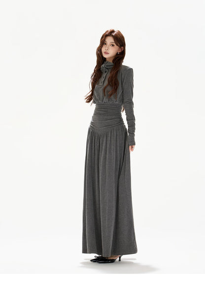 Pleated Waist-Defining A-Line Maxi Dress