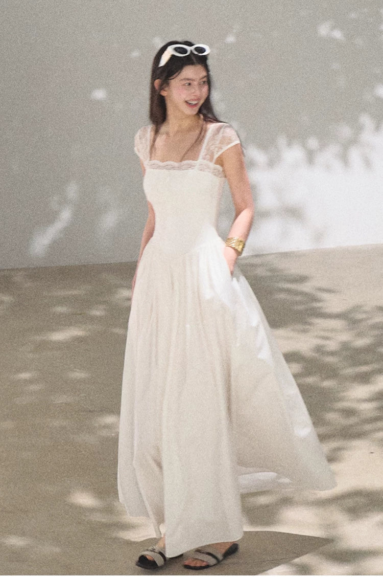 Lace-Spliced Cinched-Waist Vacation Camisole Dress