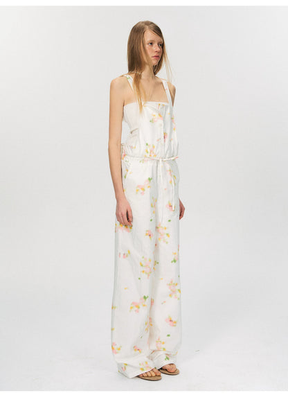 Vintage Soft-Blur Floral Backless Strap Jumpsuit