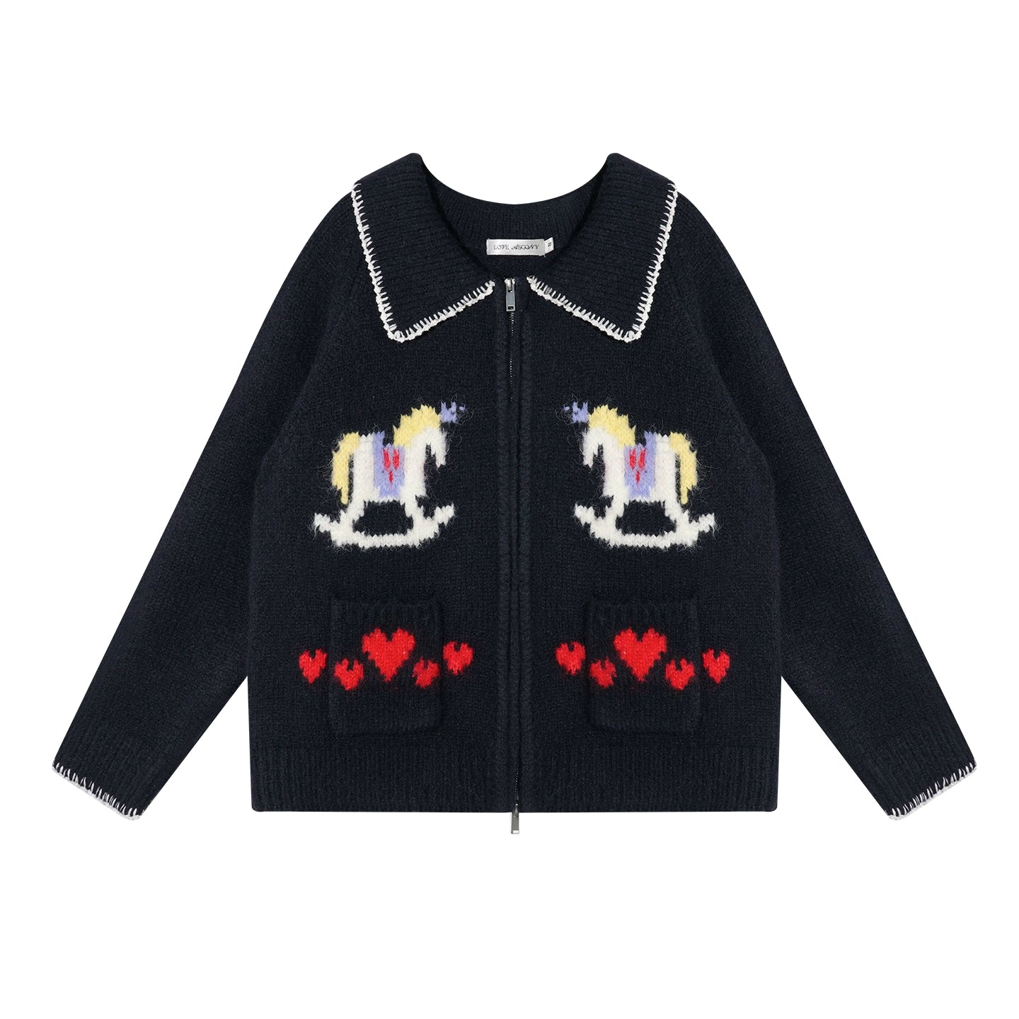 Contrast-Trim Pony Jacquard Zip-Up Knit Cardigan