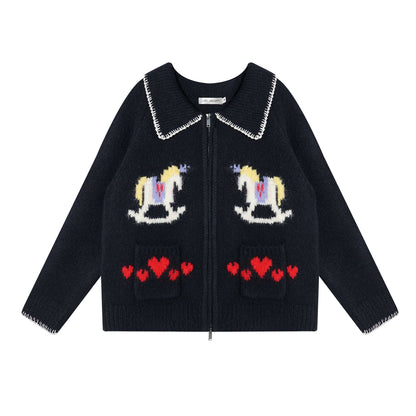 Contrast-Trim Pony Jacquard Zip-Up Knit Cardigan