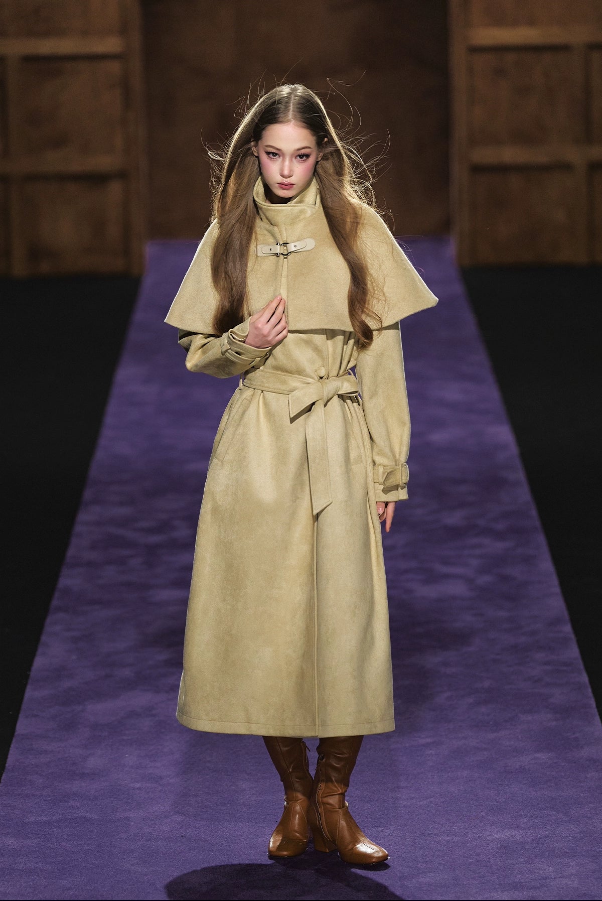 Shimmer Wool Cape Overlay &amp; Suede Long Detachable Belt Coat