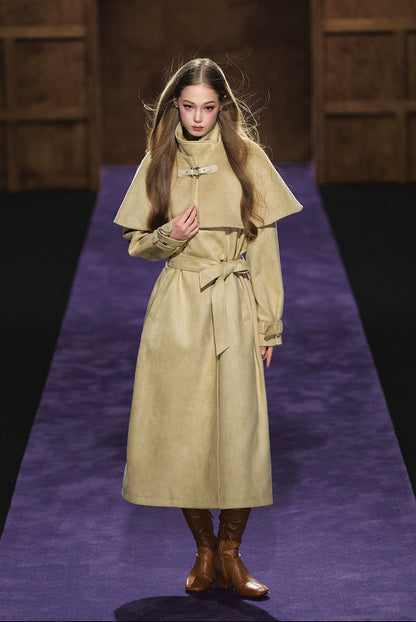Shimmer Wool Cape Overlay &amp; Suede Long Detachable Belt Coat