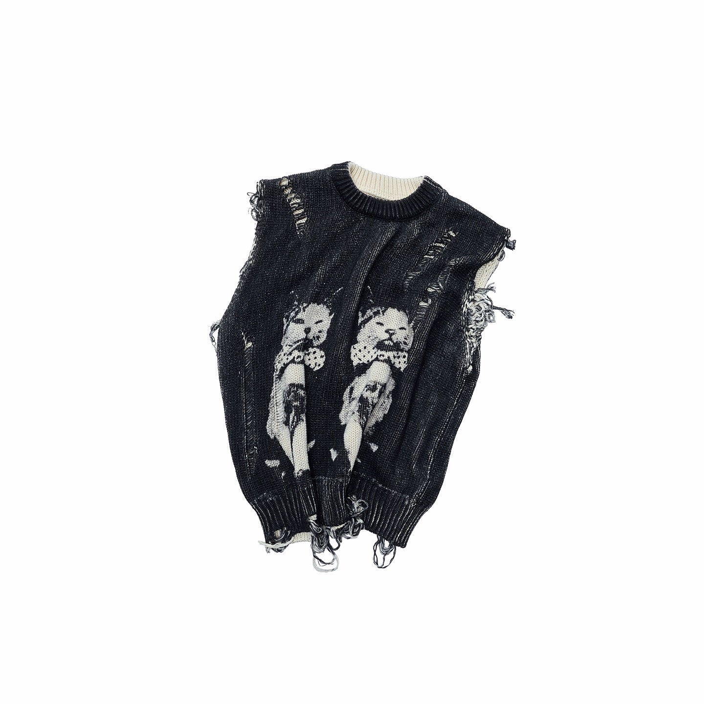 Distressed Cat Jacquard Knit Vest