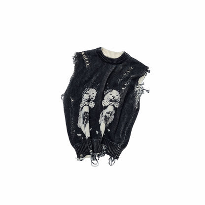 Distressed Cat Jacquard Knit Vest