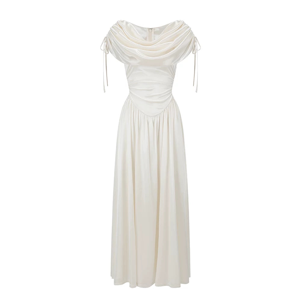 White French Court-Style Draped-Neck Dress