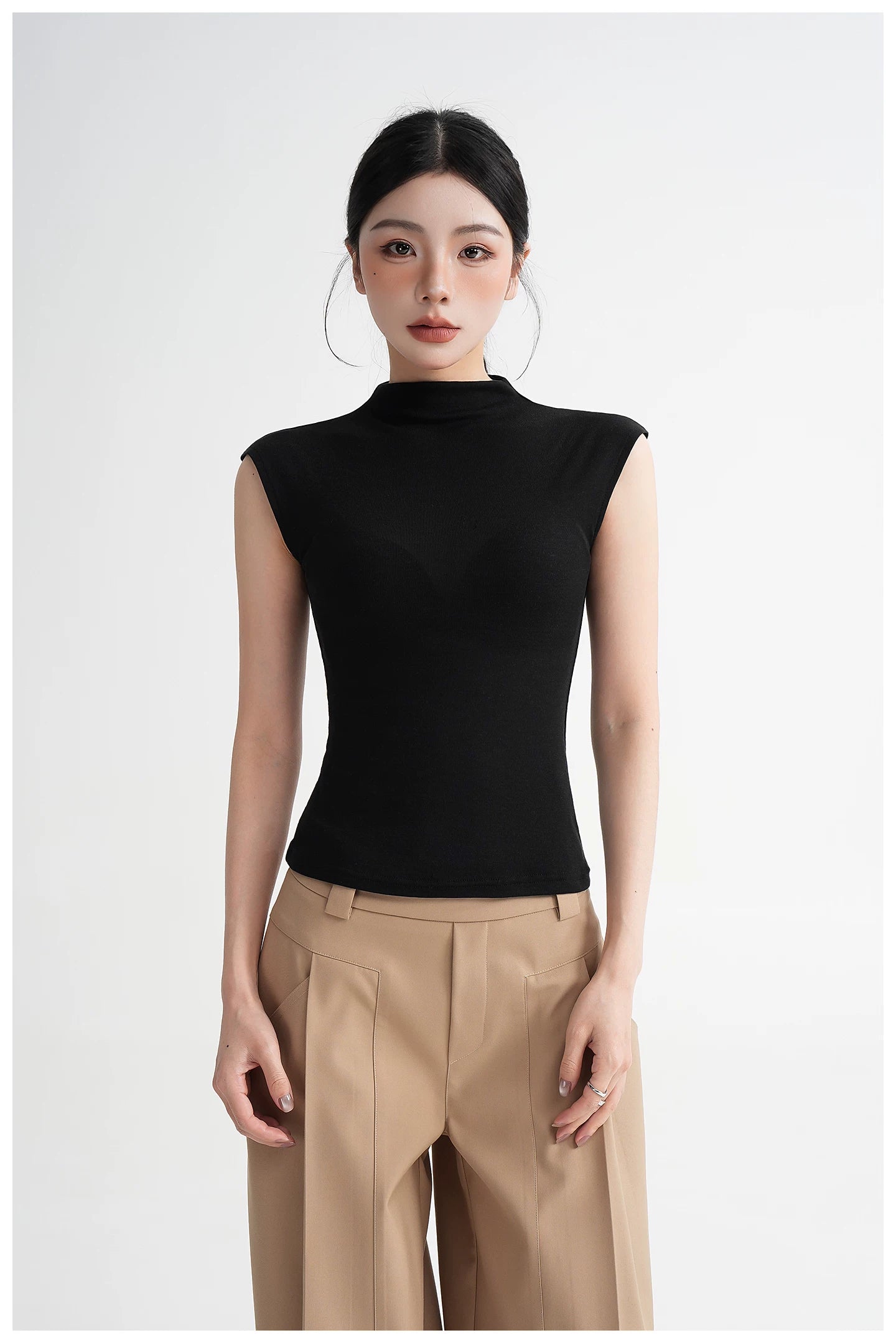Silk Lyocell High-Neck Sleeveless Fitted T-Shirt