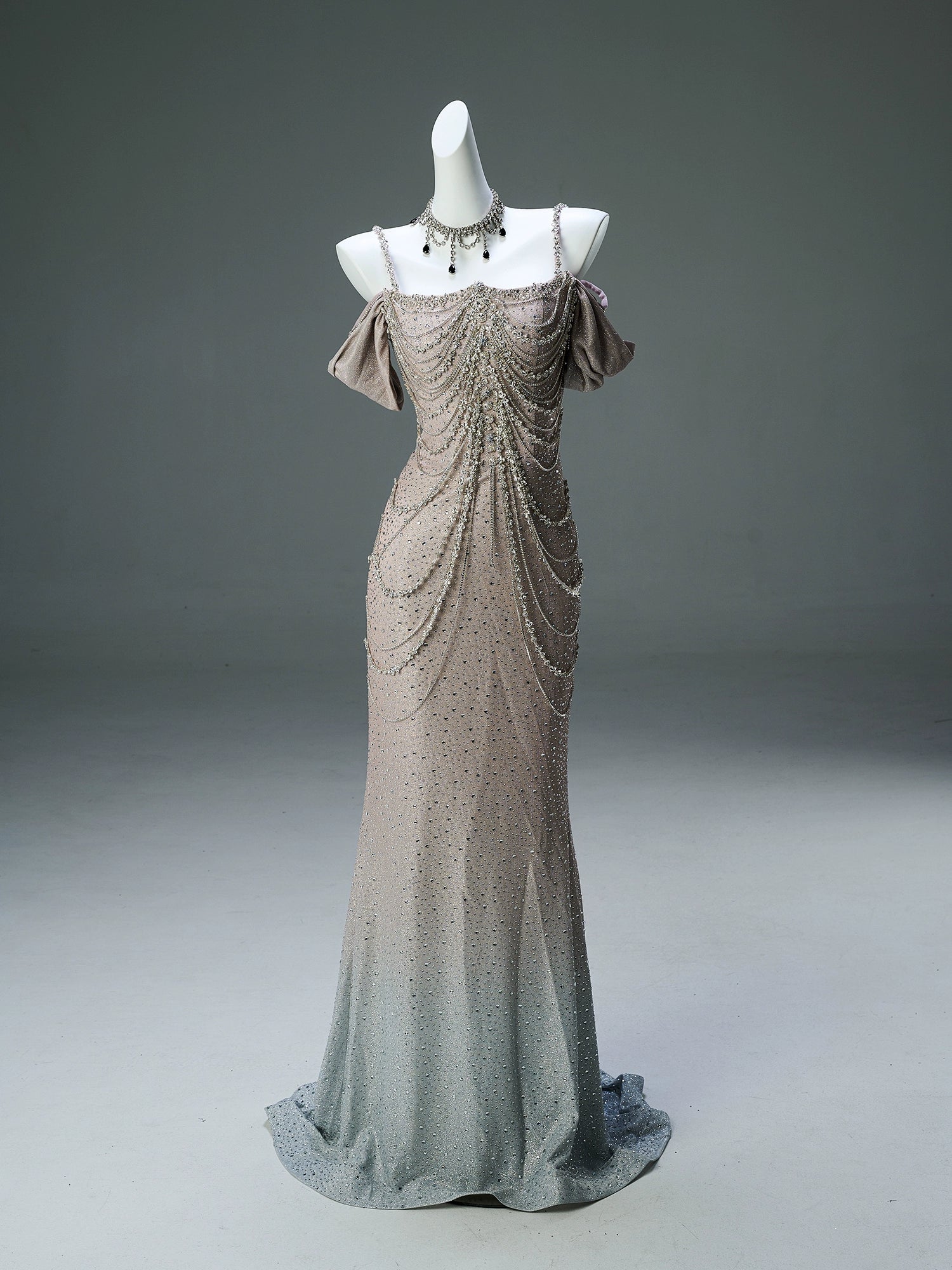 Luminous Droplight Crystal-Chain Couture Gown