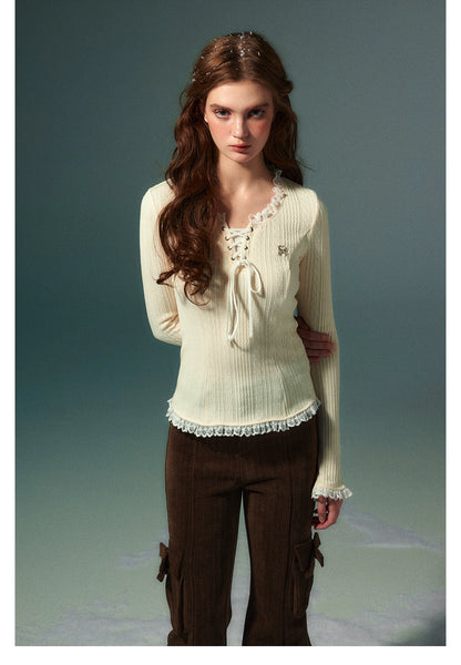 Lace Knit Long Sleeve Sweater - CHINASQUAD