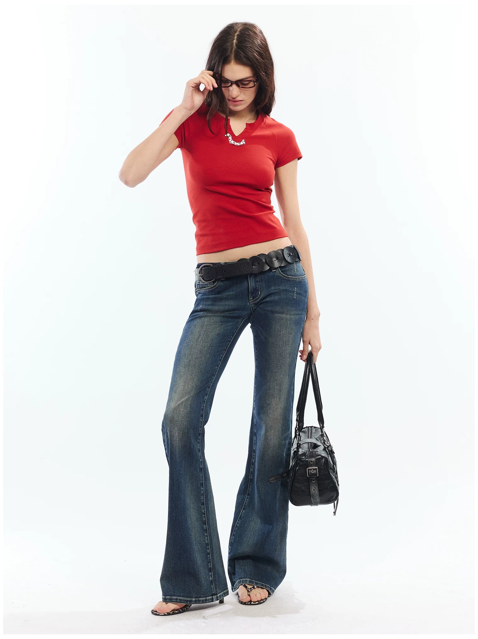 Vintage Washed Blue Pegasus Embroidered Flared Jeans