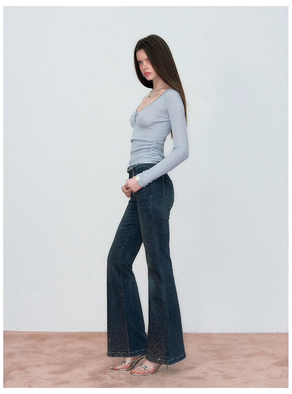 Crystal-Embellished Off-Shoulder Top &amp; Flared Denim Jeans Set