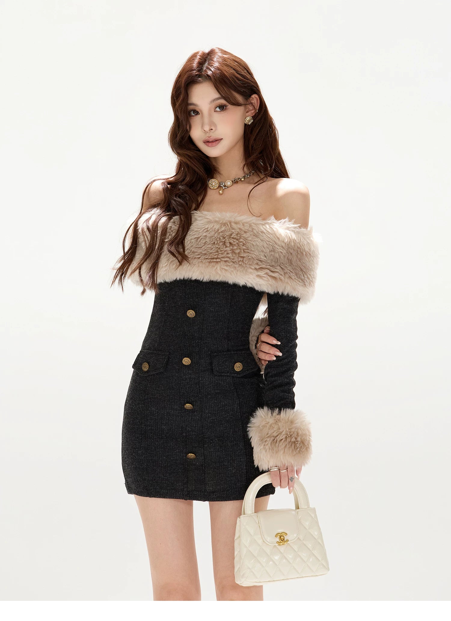 CYNR Off-Shoulder Fur-Trim Knit Mini Dress Black / L CYNR Off-Shoulder Fur-Trim Knit Mini Dress Black / L