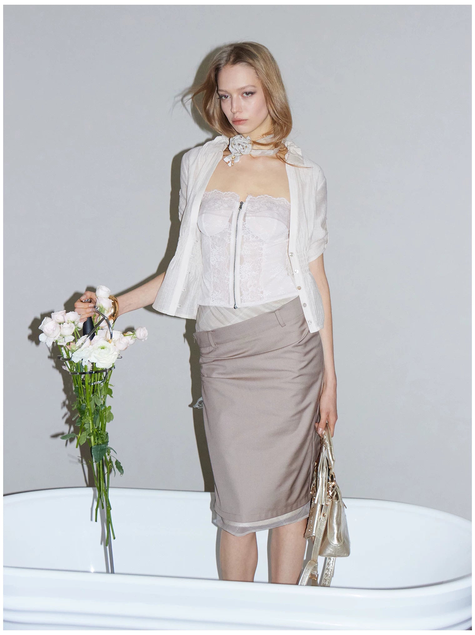 Contrast Lace Panel Two-Piece Shirt