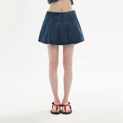 Dark Blue &amp; Light Blue Denim Pleated Skirt - CHINASQUAD