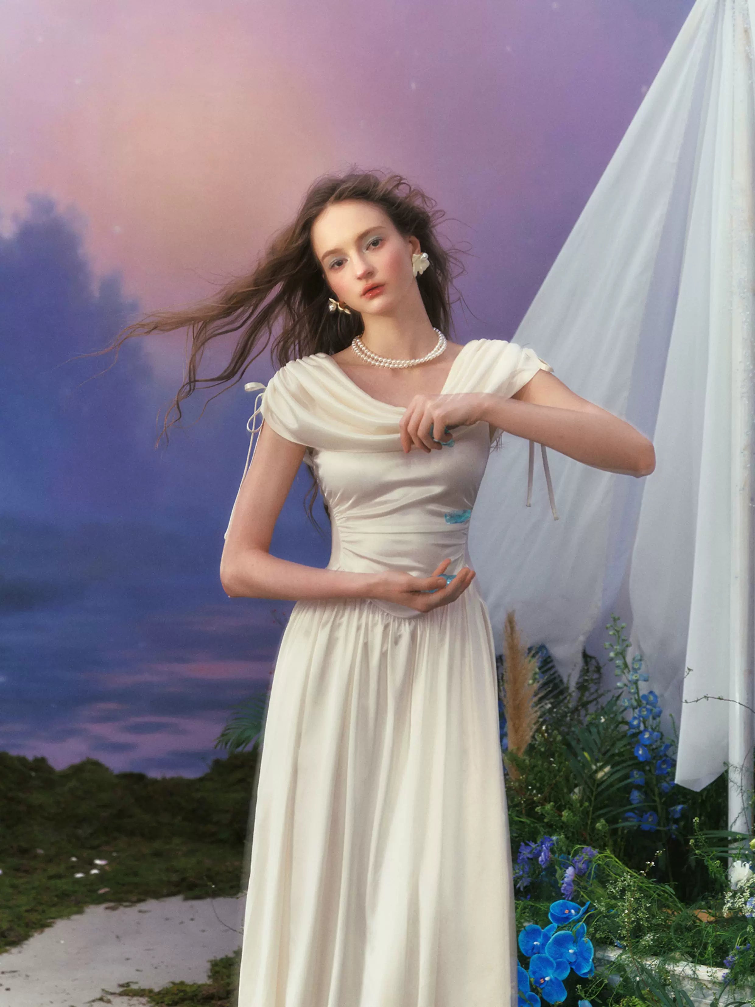 White French Court-Style Draped-Neck Dress