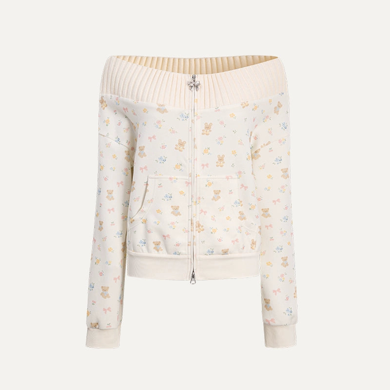 Floral Bunny Off-Shoulder Zip-up Sweatshirt