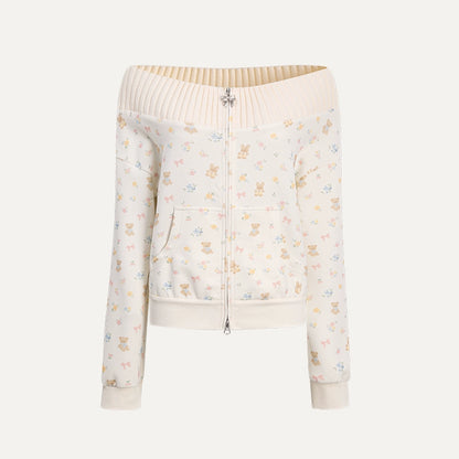 Floral Bunny Off-Shoulder Zip-up Sweatshirt