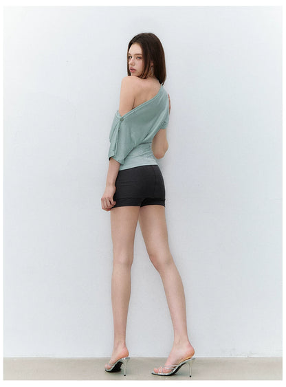 Asymmetric Button-Detail Off-Shoulder Top
