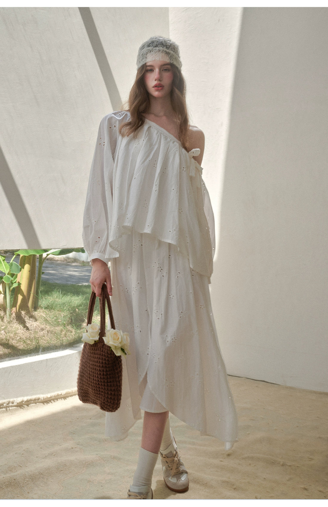 “Good Weather” Embroidered Cotton Blouse &amp; Skirt Set