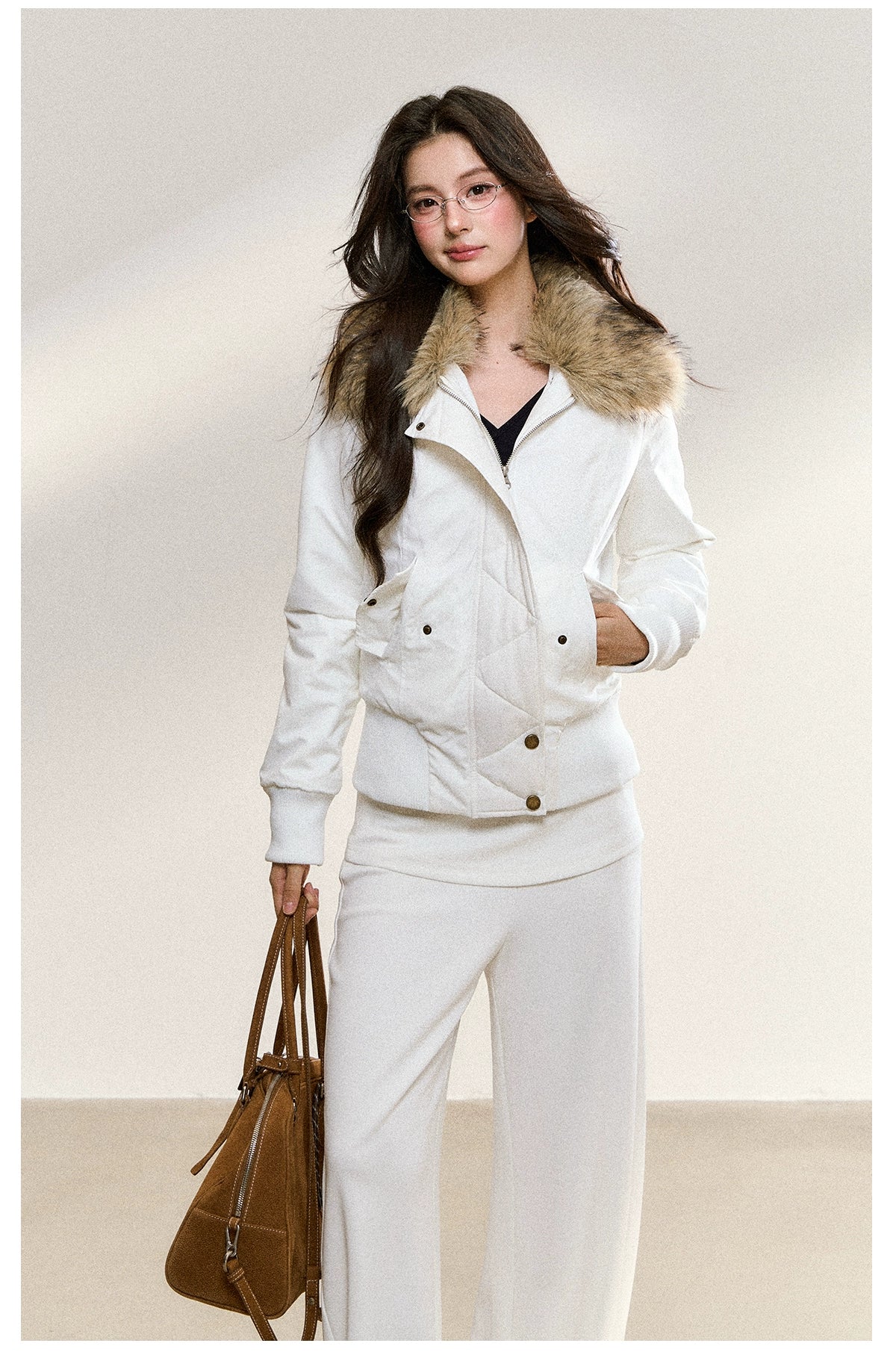 White Faux Fur Collar Quilted Short Jacket