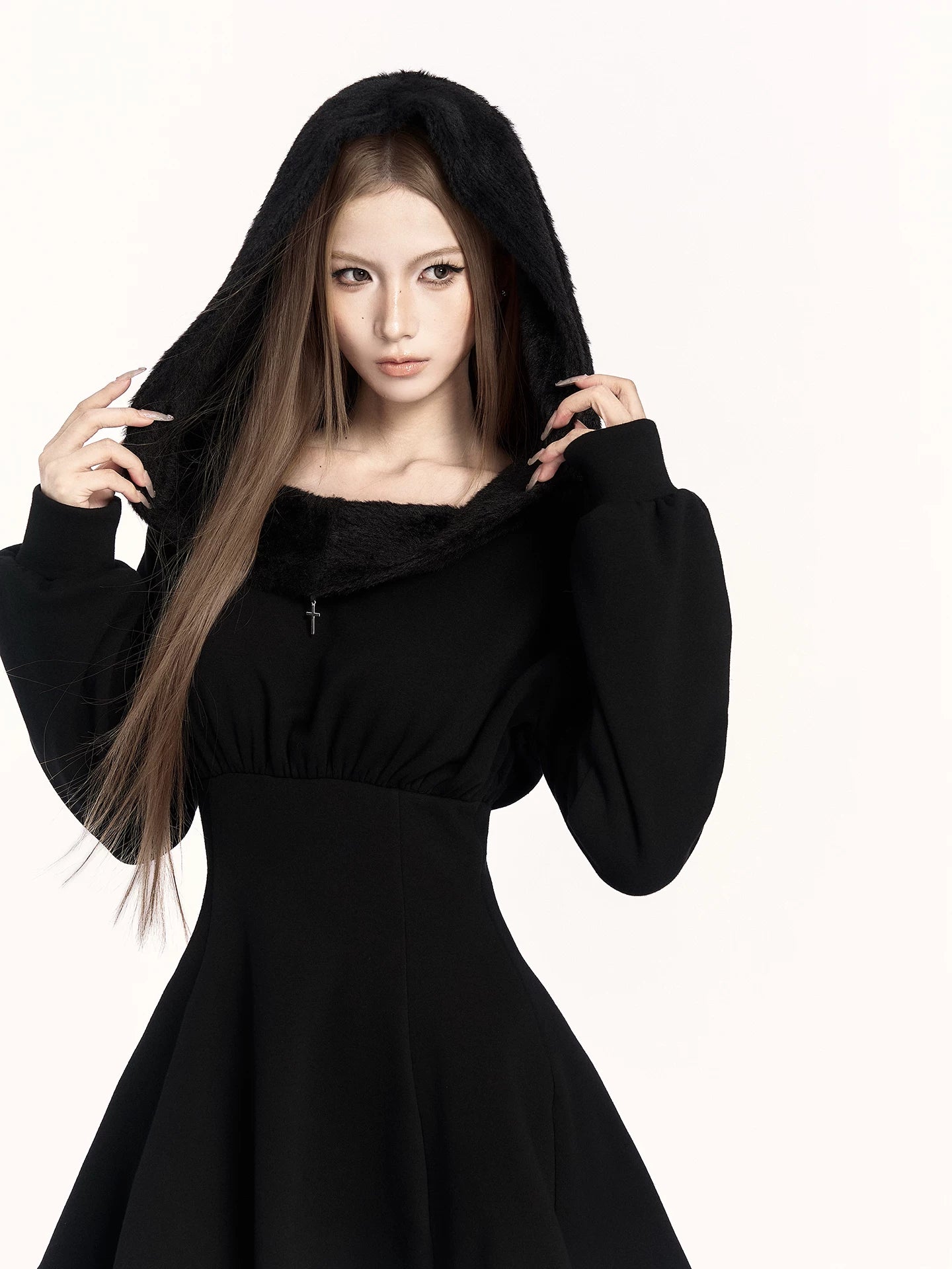 Hooded Fleece Waist-Cinching Sweatshirt Dress