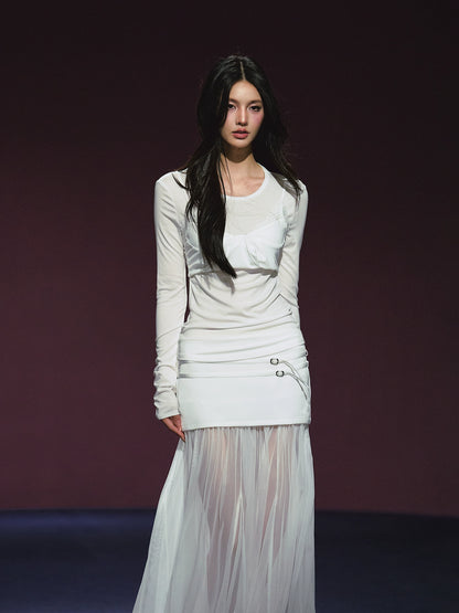 Lyocell Fake Two-piece Sheer Blouse &amp; Skirt Set