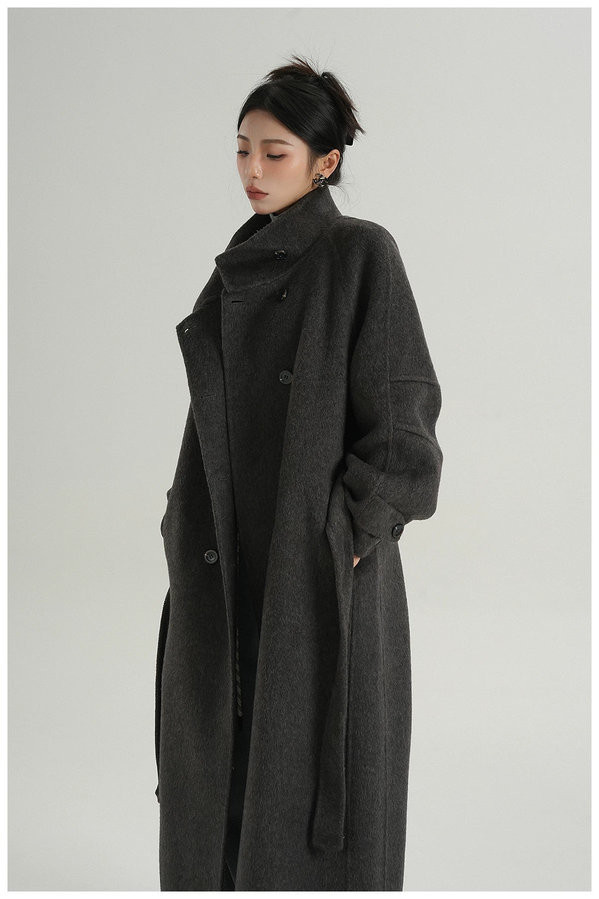 Stand-Collar Long Wool Coat