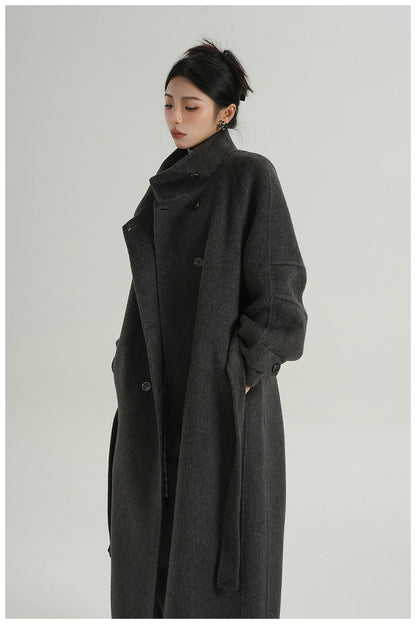 Stand-Collar Long Wool Coat