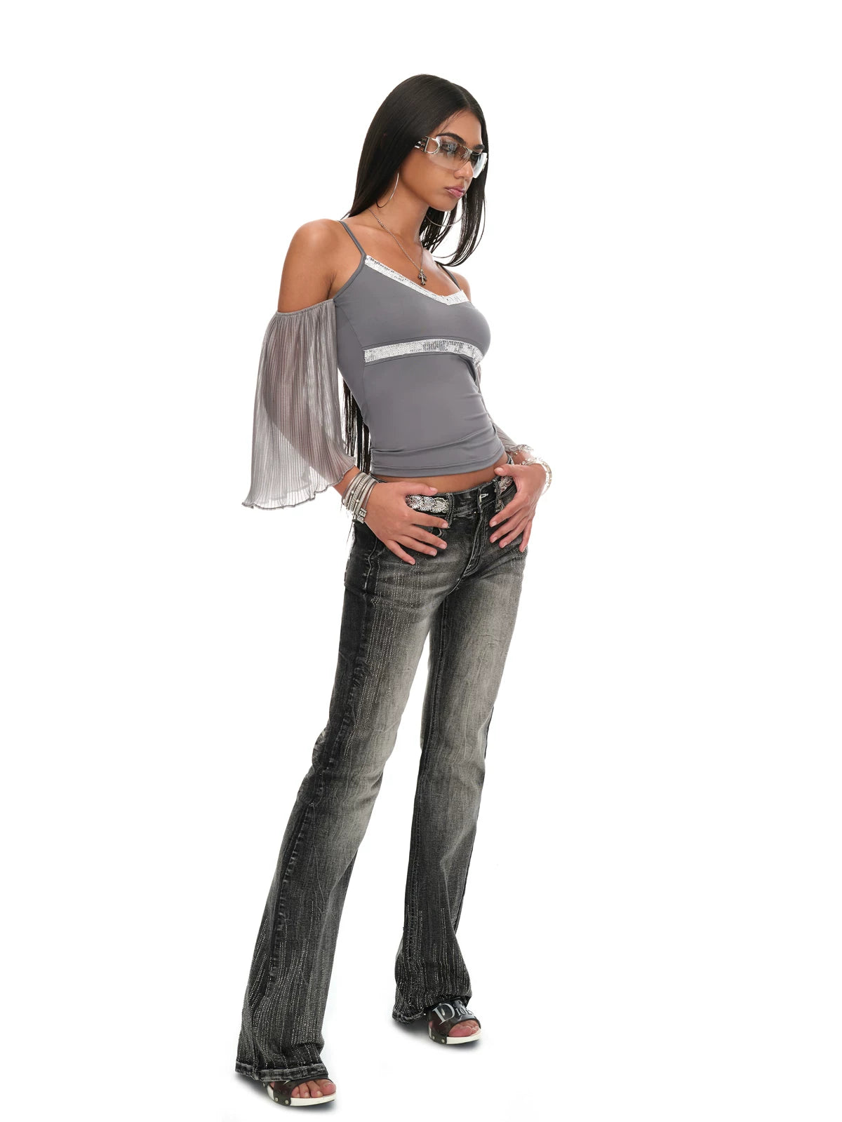 Grey Sequin-Trim V-Neck Pleated Sleeve Camisole