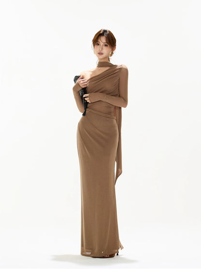 One-Shoulder Mesh Cut-Out Maxi Dress