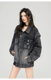 Washed Turn-down Collar Denim Jacket - CHINASQUAD