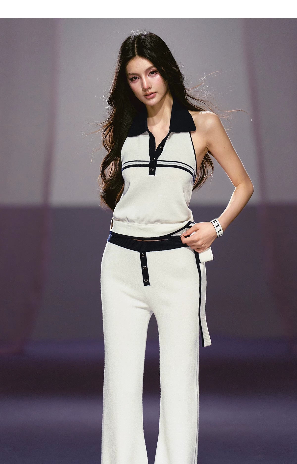 Relaxed Polo Halter Knit Top &amp; Flared Knit Pants Set