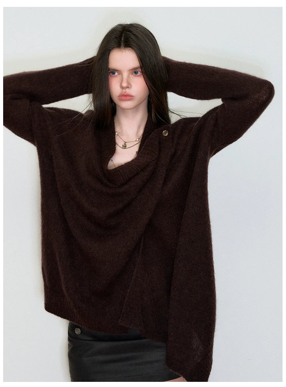 Shawl-Style Asymmetric Wool Knit Sweater