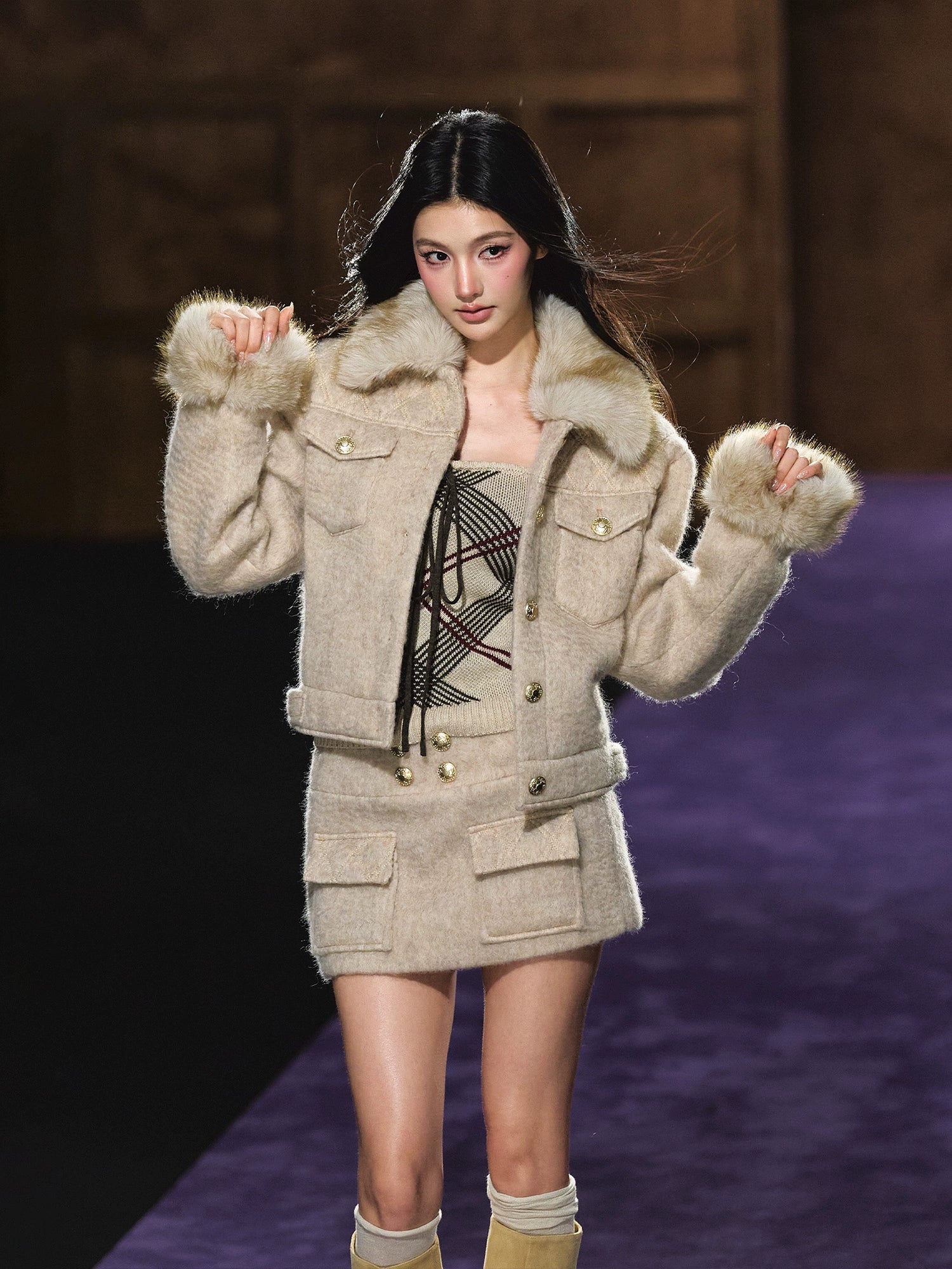 Wool-Blend Textured Check Jacket &amp; Skirt Set