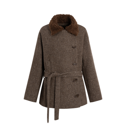 Deep Grey &amp; Brown Wool Blend Fleece-Collar Coat