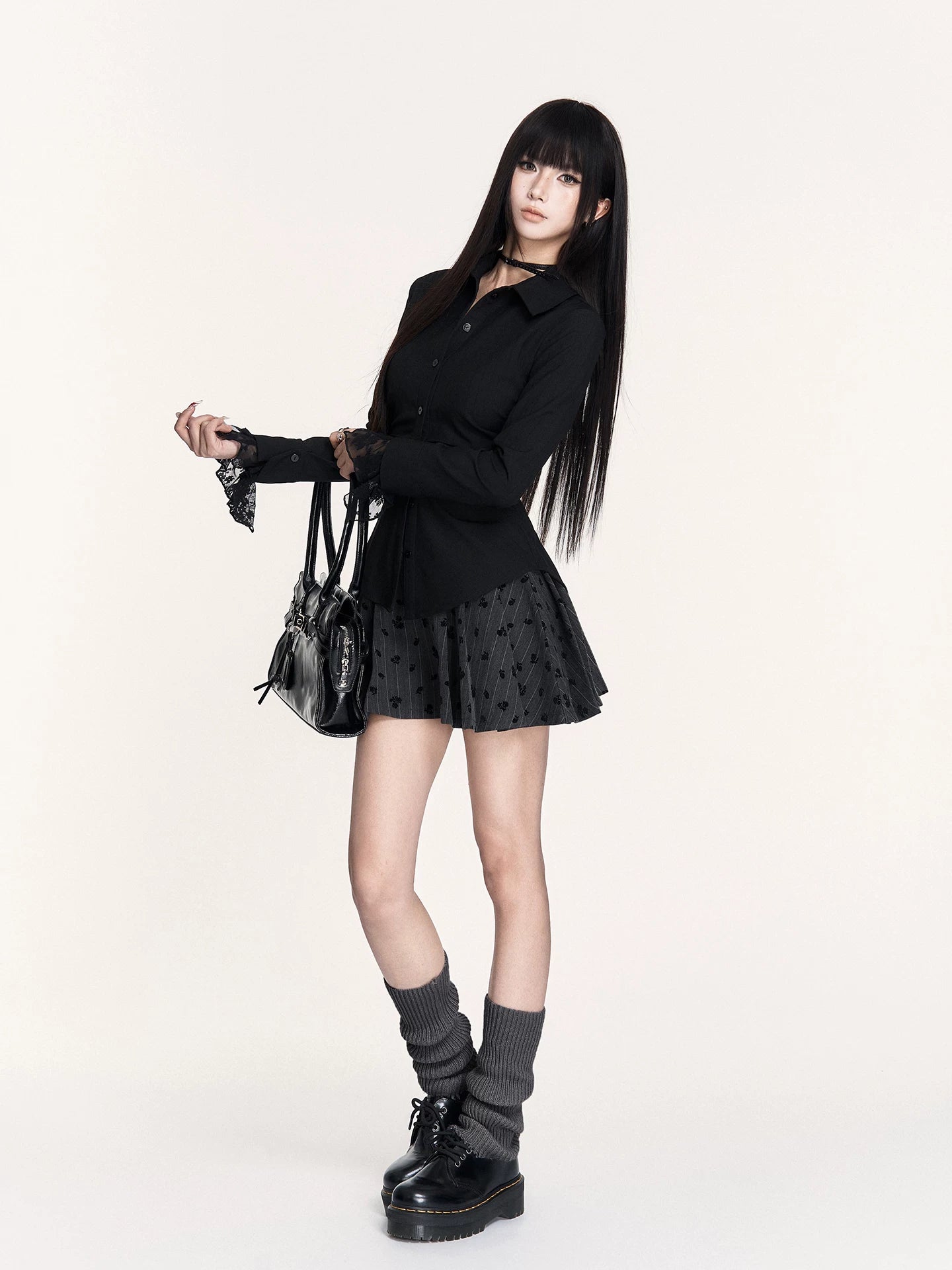 Striped Lace-Panel Waist-Defining Shirt