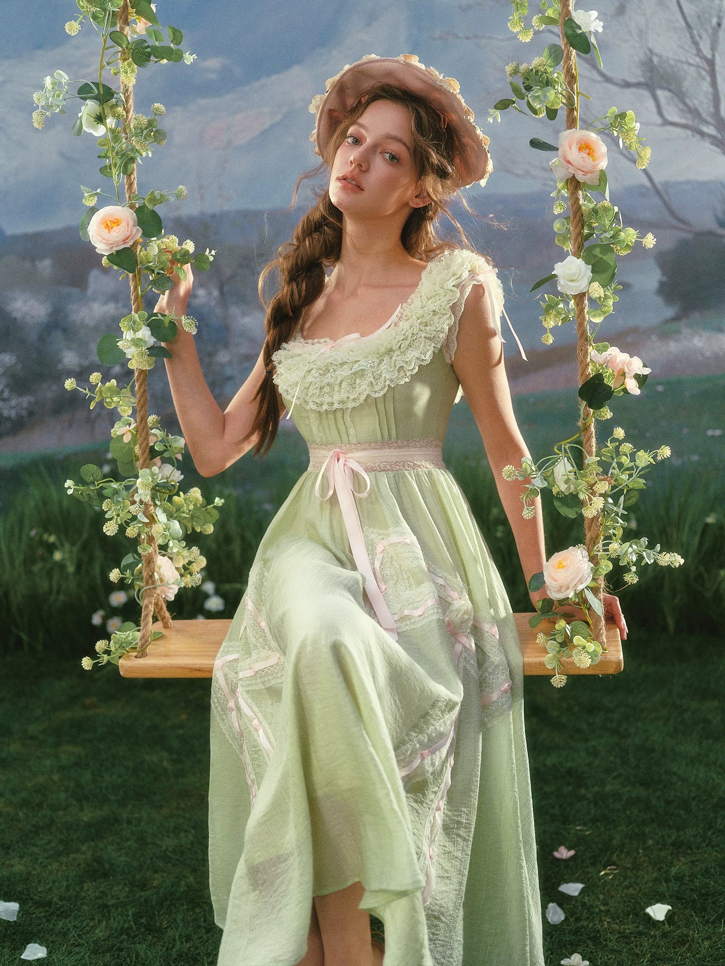 Green Kite Off-Shoulder Lace Fairy Dress
