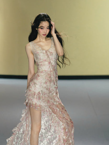 Misty Blush Lace-Panel Slip Maxi Dress