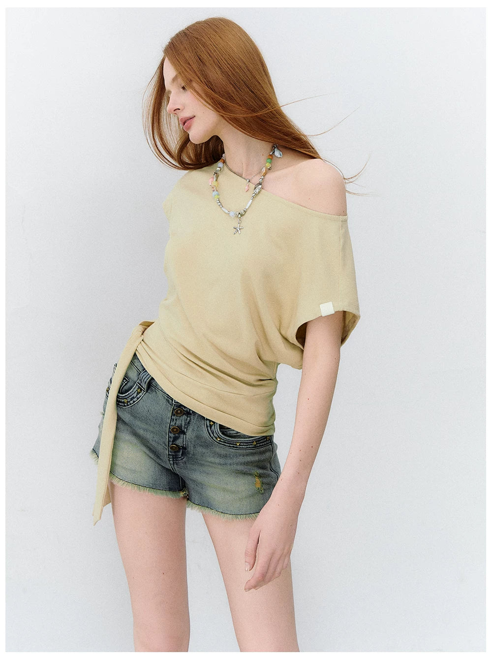 Asymmetric One-Shoulder Tie Detail Cutout Short Sleeve T-Shirt