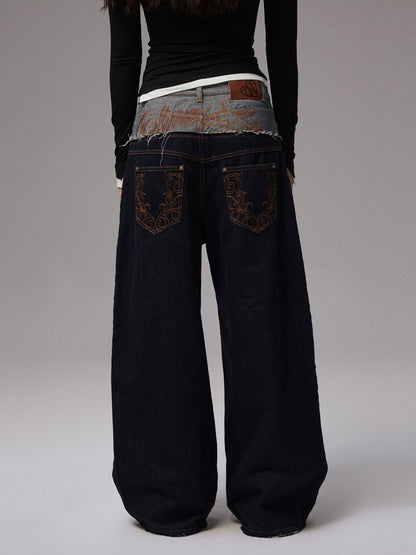 Double Waistband Raw Denim Wide-Leg Jeans - CHINASQUAD