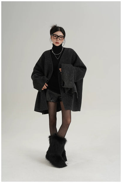 Scarf-Detail Mid-Length Wool Jacket