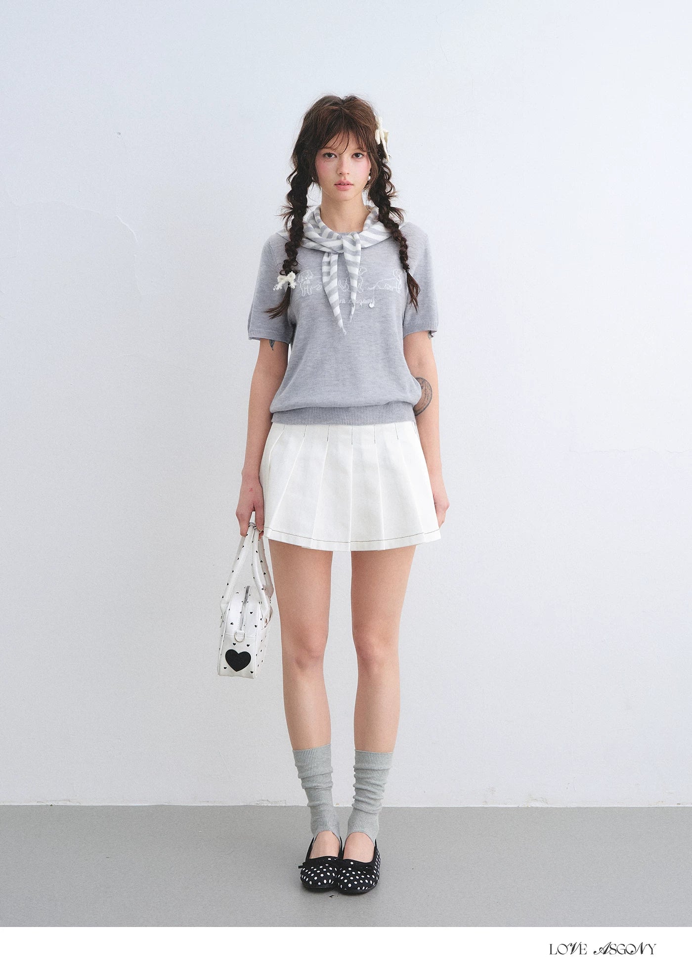High-Waisted Washed Denim Pleated Mini Skirt