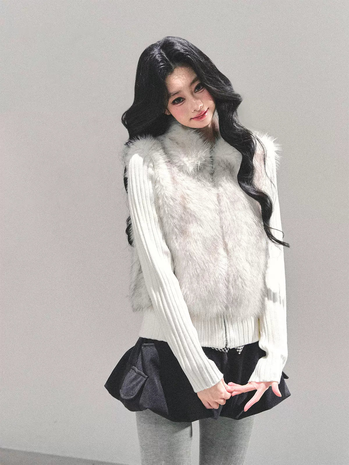 Faux Two-Piece Eco Fur Knit Jacket