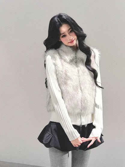 Faux Two-Piece Eco Fur Knit Jacket