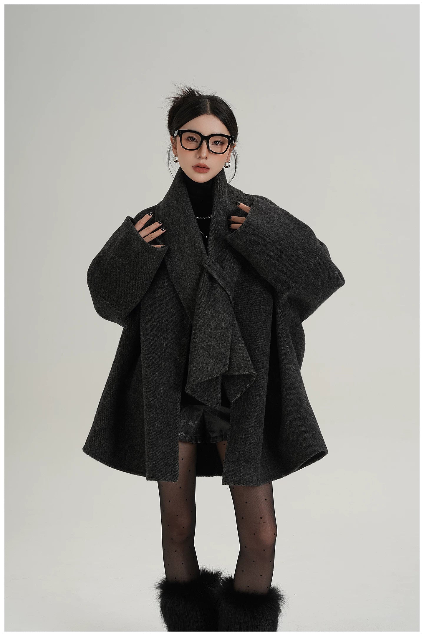 Scarf-Detail Mid-Length Wool Jacket