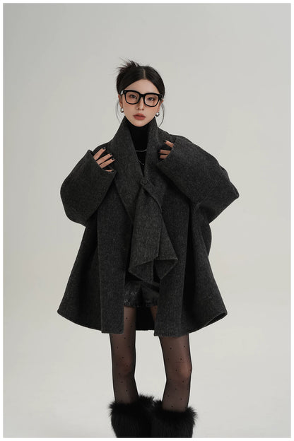 Scarf-Detail Mid-Length Wool Jacket