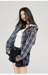 Plaid Hooded Oversized Shirt - CHINASQUAD