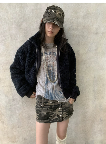 Distressed Fleece Zip-Up Cropped Jacket